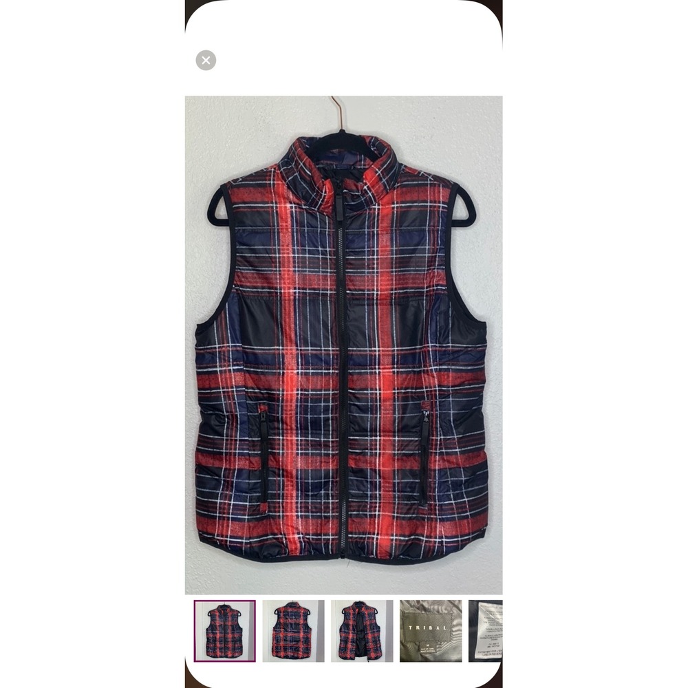 Tribal Plaid Puffer Vest Womens Medium Red Black Quilted Full Zip Sleeveless